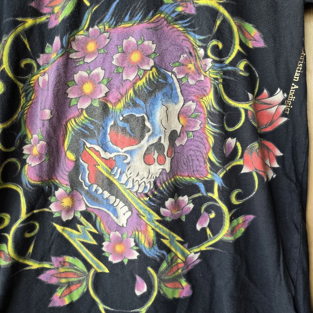 Christian Audigier Ed Hardy Long Sleeve Black Skull Floral Print Shirt Mens S - Picture 4 of 15